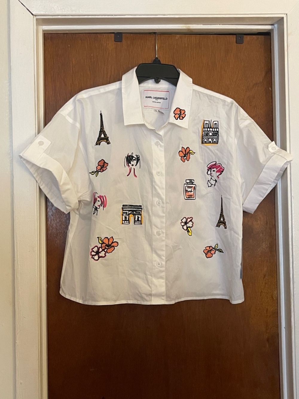 Karl Lagerfeld White Button-Front Women Shirt with Paris Embroidery